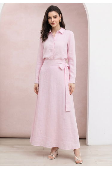 Solid Color Linen-Blend Shirt and Wrap Maxi Skirt Set in Pink for City Strolls & Seaside Dinners