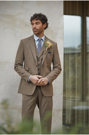 Light Brown Tweed Look Tailored Fit Suit Jacket