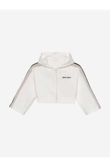 Palm Angels Girls Track Cropped Zip Hoodie in Ivory