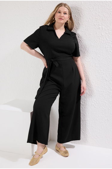 Black V Neck Double Breasted Plus Size Woven Jumpsuit