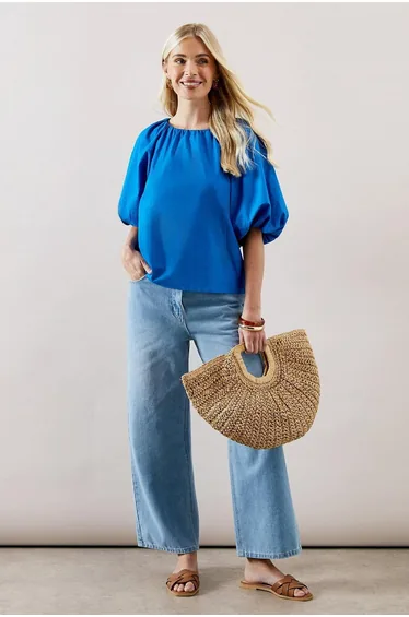 Petite Puff Sleeve Cotton Poplin Top