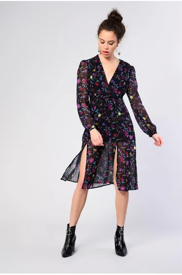 Black Watercolour-Floral Leg-Split Midi-Dress