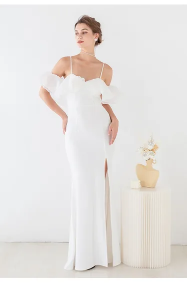 Tiered Mesh Ruffle Cold-Shoulder Split Mermaid Gown in White