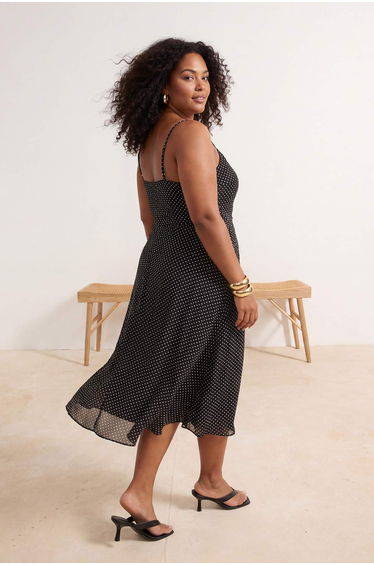 Black Polka Dot Patterned Degaje Collar Long Tulle Strap Plus Size Dress