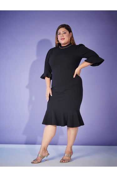 Plus Frill Hem Faux Diamante Neck Bodycon Dress