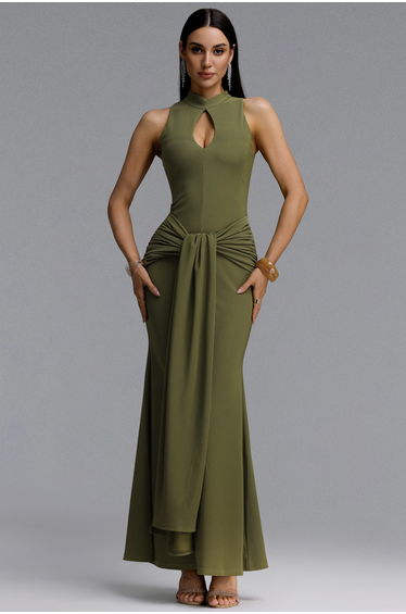Sukia Chic Form-Fitting High Neck Cutout Draped Tie Sleeveless Mermaid Maxi Dress