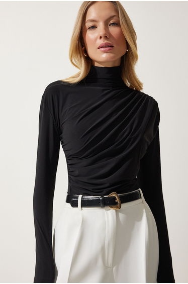 Women's Black Shirred Detail Standing Collar Sandy Blouse