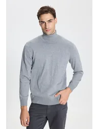 Men's Gray Melange Standard Fit Normal Cut Full Turtleneck Knitwear Sweater - 4