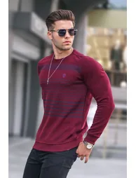 Burgundy Striped Crew Neck Knitwear Sweater