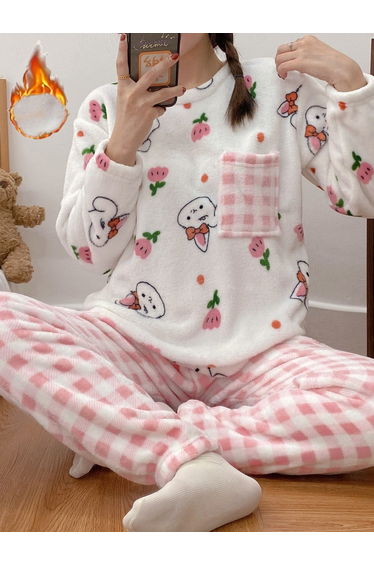 Women Flano Pocket Detail Top and Checked Pyjama Set
