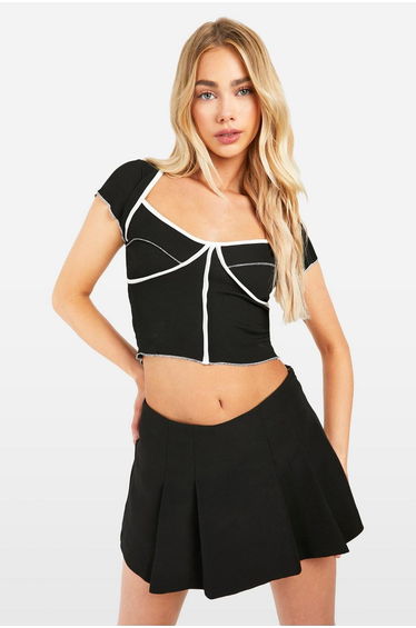 Contrast Exposed Seam Rib Cap Sleeve Corset - black