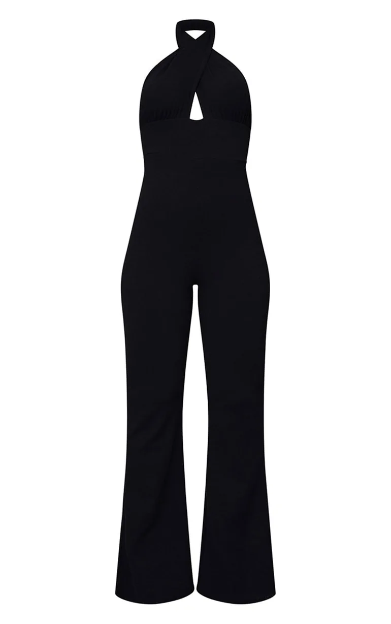 Black Cross Neck Tie Back Rib Jumpsuit - 4