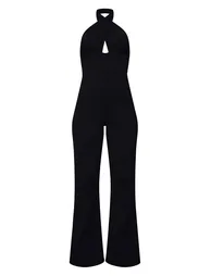 Black Cross Neck Tie Back Rib Jumpsuit - 4