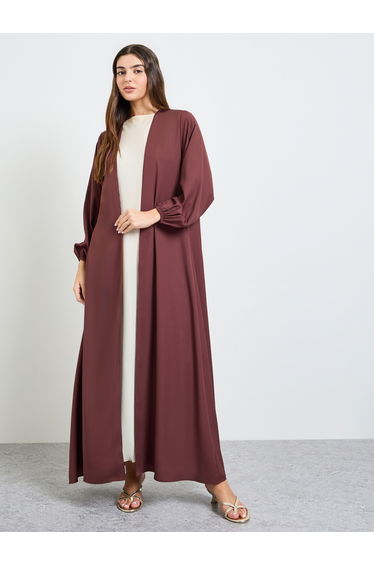 Brown Solid Cuffed Long Sleeve Abaya