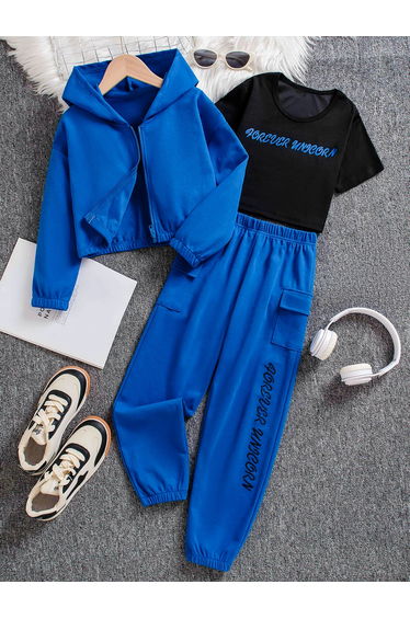 Girls Slogan Print T-Shirt, Joggers and Jacket Set