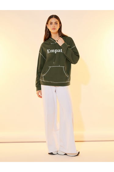 Overlock Seam Slogan Print Relaxed Fit Hoodie