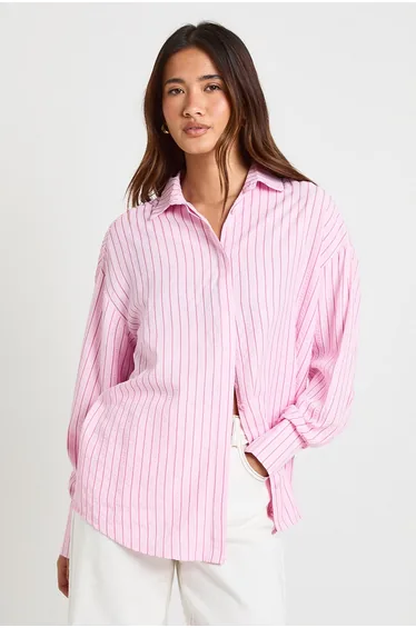 Oversized Textured Stripe Shirt - light pink
