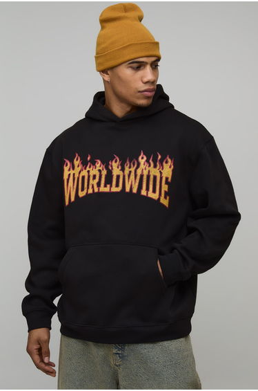 Oversized Worldwide Flame Printed Hoodie - black