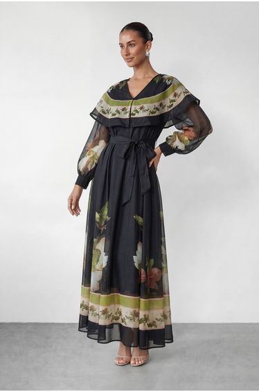 Dark Charm Black Floral Print Cape Collar Maxi Dress