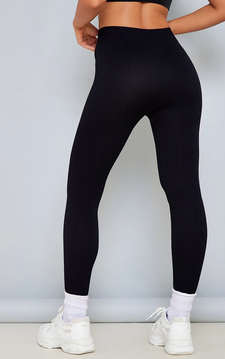 Black Contour Rib Cuffed Detail Leggings - 2