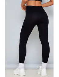 Black Contour Rib Cuffed Detail Leggings - 2