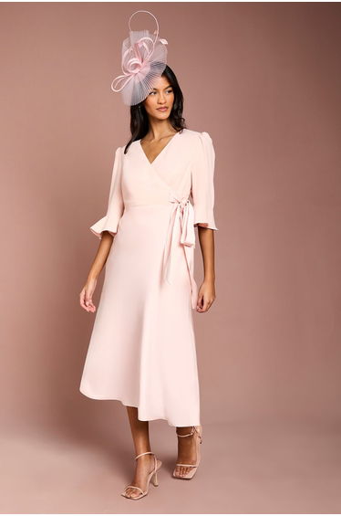 Petite Ruffle Sleeve Satin Back Crepe Wrap Dress