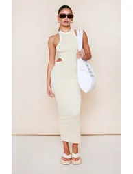 Desert Sand Contour Rib Contrast Binding Cut Out Midaxi Dress