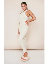 Desert Sand Contour Rib Contrast Binding Cut Out Midaxi Dress - 2
