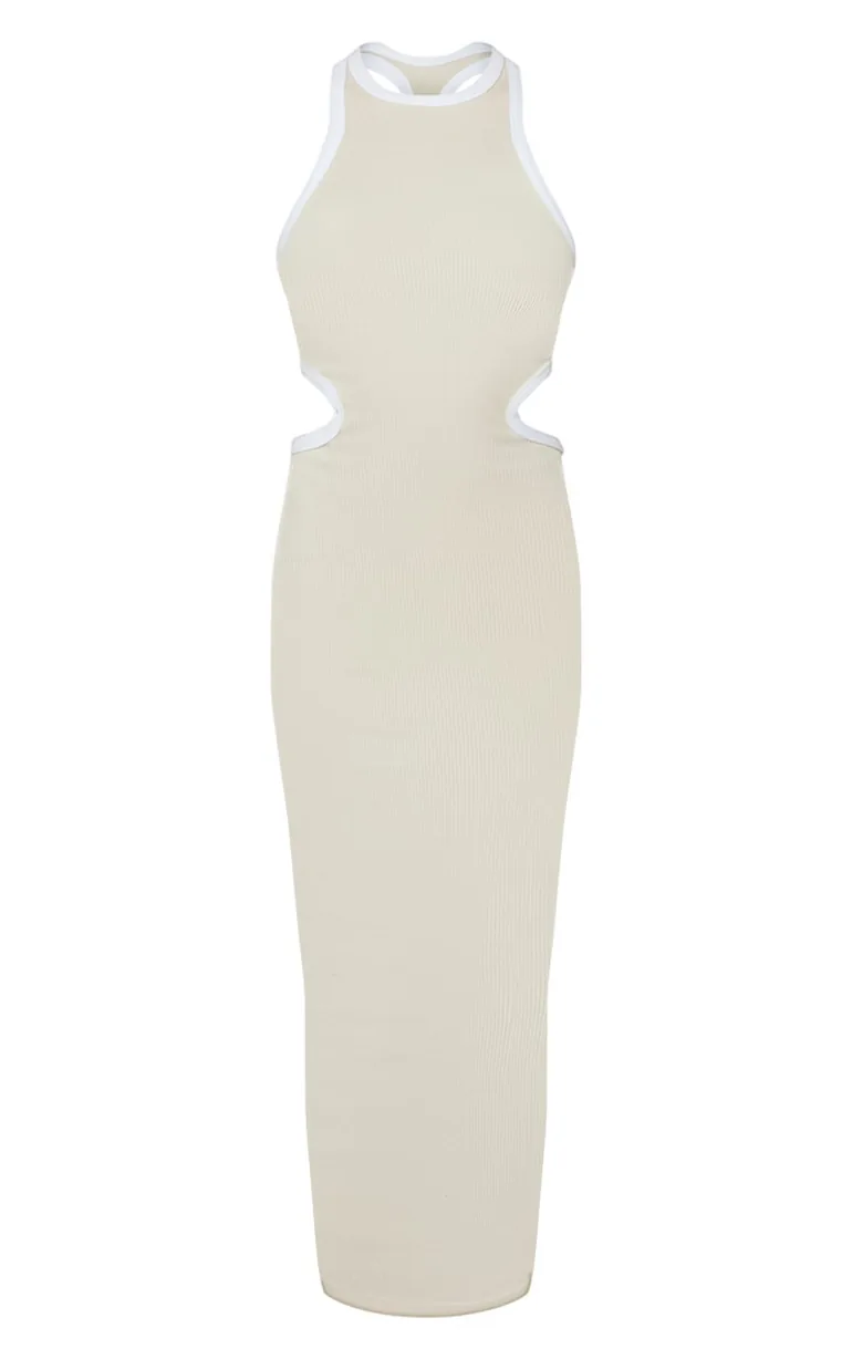 Desert Sand Contour Rib Contrast Binding Cut Out Midaxi Dress - 4