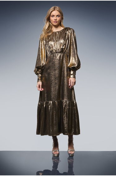 Lame Balloon Sleeve Midi Dress