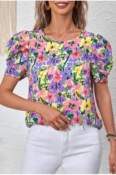 Lvness Purple Floral Print Puff Short Sleeve Crew Neck Blouse