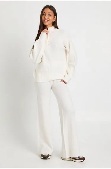 Super Soft Zip Neck Oversized Jumper and Wide Leg Trouser Co-Ord - cream