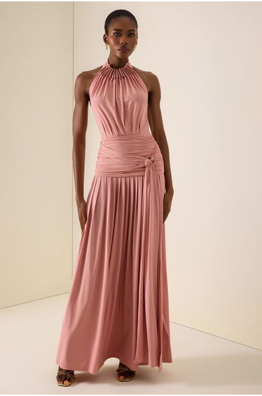 Solid Halter Neck Gathering Maxi Dress