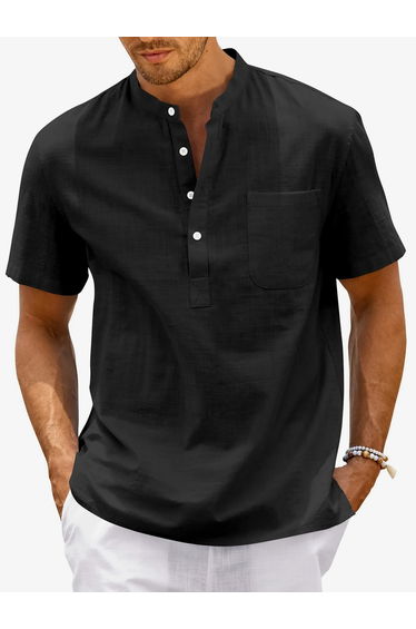 Men Casual Stand Collar Linen Look Shirt