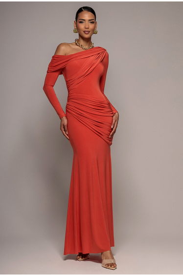 Off Shoulder Gathered Panel Soft Touch Maxi Dress - Burnt Orange by Goddiva
