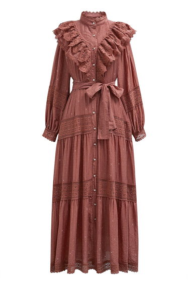 Rhinestone Decor Cutwork Panel Button Maxi Dress in Rust