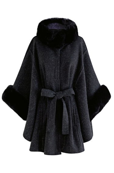 Self-Tie Bowknot Faux Fur Poncho in Black
