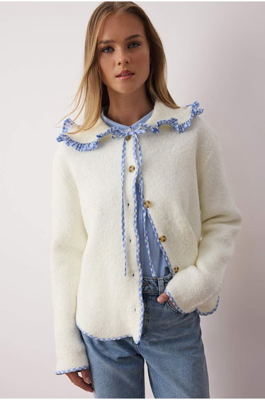 Ecru Soft Texture Garni Detailed Wide Pattern Coat Look Knitwear Cardigan