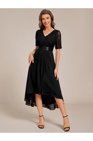 ever JOLEN|Half Sleeve Pleated V-Neck Lace Midi Wedding Guest Dress