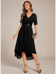 ever JOLEN|Half Sleeve Pleated V-Neck Lace Midi Wedding Guest Dress - 4