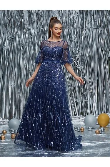 Leely Elegant Round Neck Bishop Sleeve Evening Gown