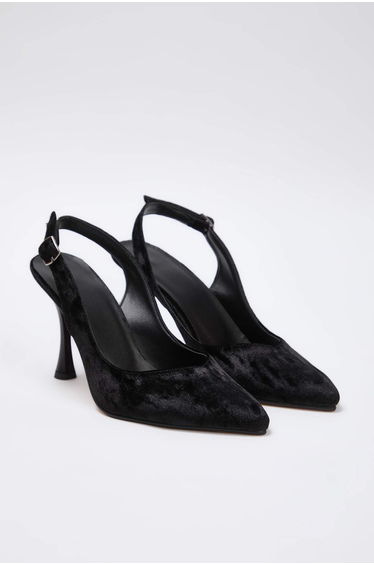 Black velvet pointed toe backless women's thin heeled shoe