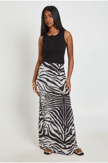 Zebra Print Mesh Maxi Skirt - black