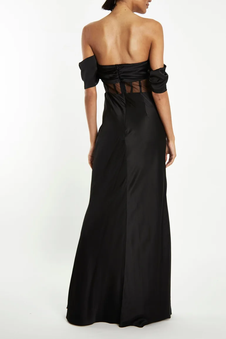 chinese dress ladies Agnes Black Satin Corset Sheer Maxi-Dress main image 1