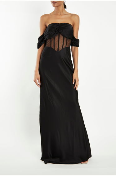 Agnes Black Satin Corset Sheer Maxi-Dress