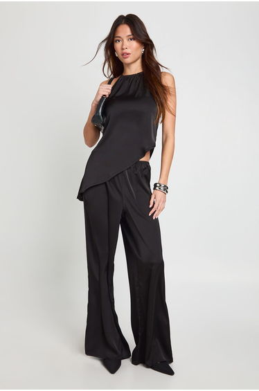 Halterneck Asymmetric Satin Cami & Trouser Co-ord - black