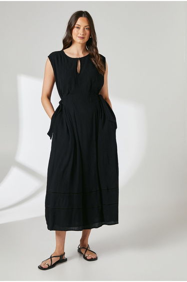 Black Ladder Trim Tie Detail Midi Dress