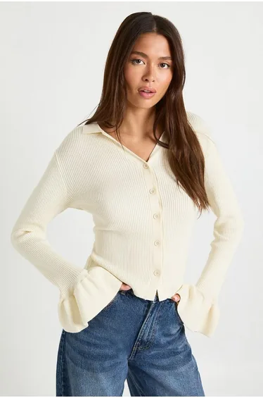 Collar Detail Flare Sleeve Knitted Cardigan - cream