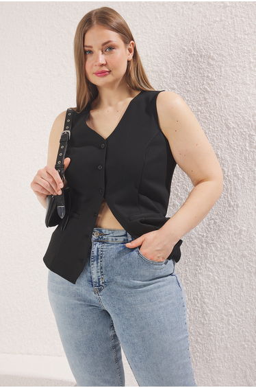 Black V Neck Buttoned Flexible Knit Plus Size Vest