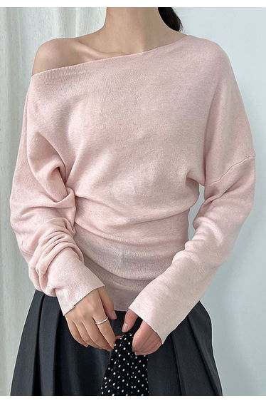 Slant Shoulder Batwing Sleeve Wool-Blend Knit Top in Peach
